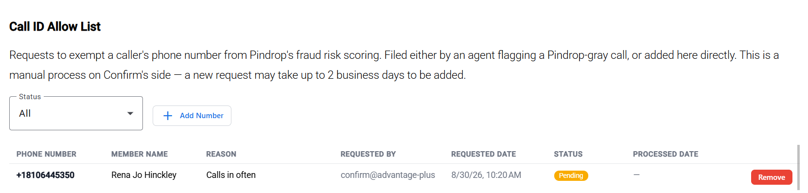 Call ID Allow List page under Configuration