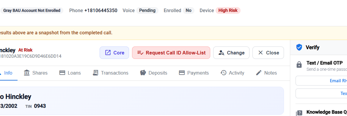 Request Call ID Allow-List button on an at-risk call
